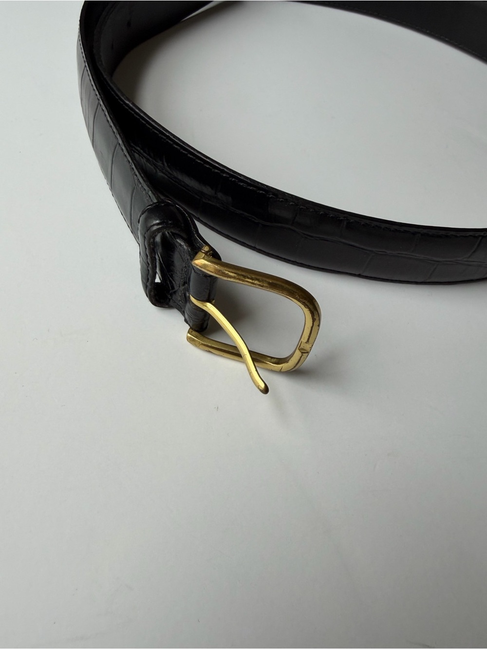Black Croc-Embossed Leather Belt with Gold Buckle